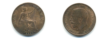 Великобритания 1/2 пенни 1921 Георг V (1910-1936) KM 809, Spink 4056 бронза 59-921