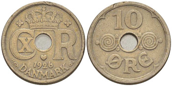 ДАНИЯ 10 ЭРЕ 1926 HCN ; GJ, КРИСТИАН X (1912-1947) KM 822.1 медно-никель 4392-1228