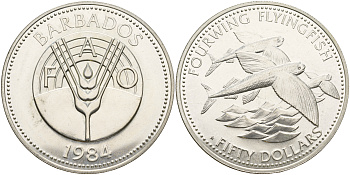 Барбадос 50 долларов 1984 FAO, крылатые рыбы, тираж 3600 экземпляров KM 42 серебро UNC 11-082-44