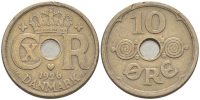 ДАНИЯ 10 ЭРЕ 1926 HCN ; GJ, КРИСТИАН X (1912-1947) KM 822.1 медно-никель 4392-1228