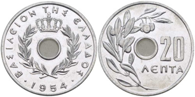 Греция 20 лепта 1954 Павел I (1947-1964), оливковая ветвь KM 79 алюминий UNC 28-425