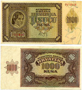 Хорватия 1000 кун 1941 женщина, горы Велебит Pick 4 бумага   435-42-2-2