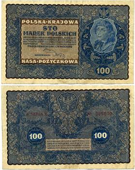 Польша 100 марок 1919 23 августа 1919, третий выпуск, Тадеуш Костюшко, IF серия M Pick 27 (2), M27c  бумага   444-73-1-1