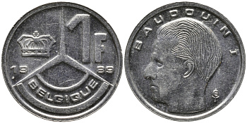 БЕЛЬГИЯ 1 ФРАНК 1989 BELGIQUE KM 170 сталь плакированная никелем 99-1217