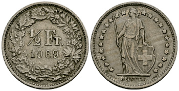 Швейцария 1/2 франка 1969 B KM 23a медно-никель 183-1246
