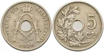 БЕЛЬГИЯ 5 САНТИМОВ 1920 BELGIQUE KM 66 медно-никель 112-232