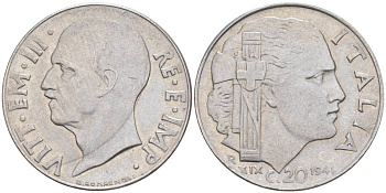 ИТАЛИЯ 20 ЧЕНТЕЗИМО 1941 R, ГОД XIX, ВИКТОР ЭММАНУИЛ III (1900-1946) KM 75b, VEM3. 1028 нержавеющая сталь 3853-853
