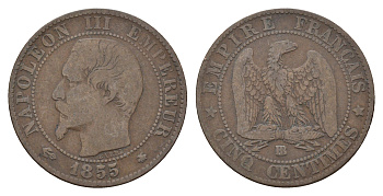Франция 5 сантимов 1855 A, Наполеон III (1852-1870) KM 777.2 бронза 36-354