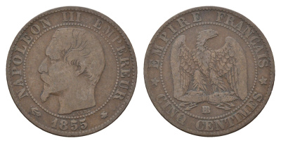 Франция 5 сантимов 1855 A, Наполеон III (1852-1870) KM 777.2 бронза 36-354