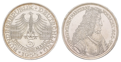 ФРГ 5 марок 1955 300 лет со дня рождения Людвига фон Бадена KM 115, J. 390 серебро aUNC 00-819-12