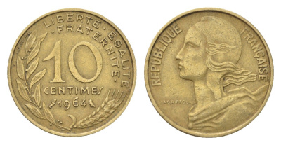 Франция 10 сантимов 1964 KM 929 алюминиевая бронза 4702-1258