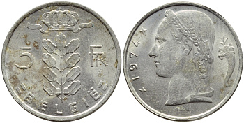 БЕЛЬГИЯ 5 ФРАНКОВ 1974 BELGIE KM 135.1 медно-никель 4395-522