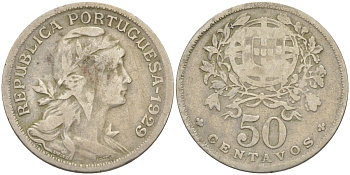 Португалия 50 сентаво 1929 голова Свободы вправо KM 577 медно-никель 219-846