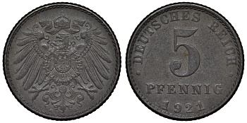 Германия 5 пфеннигов 1921 A KM 19, J. 297, Weege 5 железо 4118-1123