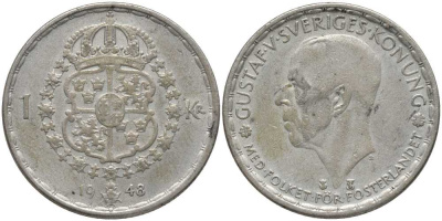 Швеция 1 крона 1948 TS, Густав V (1907-1950) KM 814 серебро 202-541