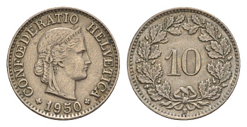 Швейцария 10 раппенов 1950 B KM 27 медно-никель 4609-1023