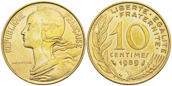 Франция 10 сантимов 1989 тип Marianne KM 929, le Franc 144.29 алюминиевая бронза 112-1031