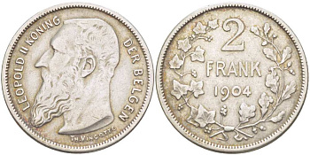 БЕЛЬГИЯ 2 ФРАНКА 1904 ЛЕОПОЛЬД II (1865-1909), BELGEN KM 59 серебро 413-1843