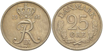 ДАНИЯ 25 ЭРЕ 1961 С; S, ФРЕДЕРИК IX (1947-1972) KM 850 медно-никель 67-1157