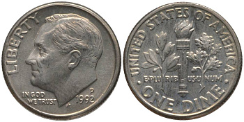 США 10 ЦЕНТОВ = 1 ДАЙМ 1992 P, РУЗВЕЛЬТ KM 195а медь плакированная медно-никелем 4396-469