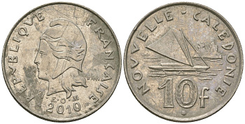 Французская Новая Каледония 10 франков 2010 рыбачья парусная лодка, (IEOM) KM 11a, Schoen 13a, Lec 99k медно-никель 3459-223