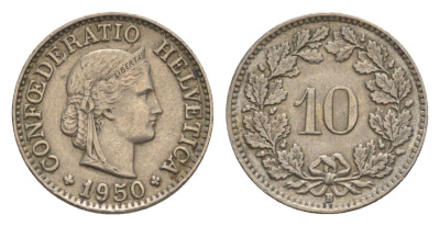 Швейцария 10 раппенов 1950 B KM 27 медно-никель 4609-1023