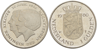 Нидерланды 1 гульден 1980 на коронацию Беатрикс, 30 апреля 1980 KM 200 никель 31-844