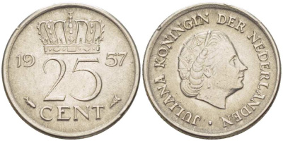 Нидерланды 25 центов 1957 Юлиана (1949-1980) KM 183 никель 3955-151