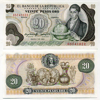 Колумбия 20 песо 1983 Франсиско Хосе де Кальдас, музей золота Pick 409d бумага UNC (пресс) 447-66-2-1