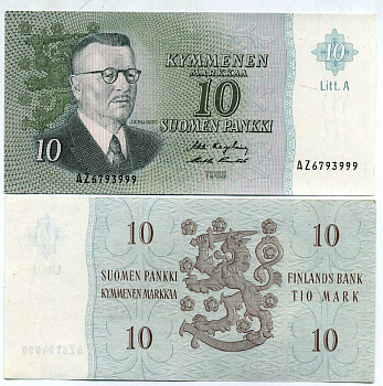 Финляндия 10 марок 1963 Юхо Кусти Паасикиви (1870-1956) Pick 104 а бумага UNC (пресс) 451-84-1