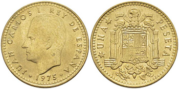 ИСПАНИЯ 1 ПЕСЕТА 1975 (77) ХУАН КАРЛОС I (1975-) KM 806 алюминиевая бронза 213-136