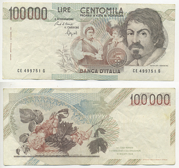 Италия 100000 лир 1983 Караваджо, фруктовый букет, подпись Speziali Pick 110b бумага 7220-11-3