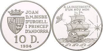 Андорра 10 динеров 1994 открытие нового света, парусник KM 98 серебро PROOF 1081-7-32
