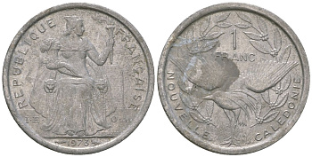 Французская Новая Каледония 1 франк 1973 птица кагу, (IEOM) KM 10, Schoen 10, Lec 39 алюминий    51-752