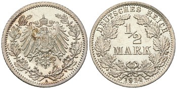 Германия 1/2 марки 1914 A KM 17 серебро UNC 63-346