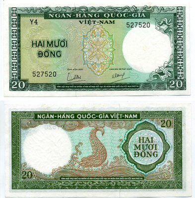 ЮЖНЫЙ ВЬЕТНАМ 20 ДОНГОВ 1964 СЕРИЯ Y4 Pick 16а бумага aUNC 7219-38-3-2