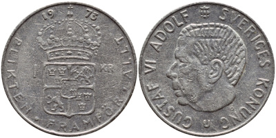 Швеция 1 крона 1973 Густав VI Адольф (1950-1973) KM 826а медь плакированная медно-никелем 4395-1141