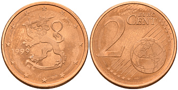 Финляндия 2 евроцента 1999  KM 99 сталь плакированная медью  UNC  4160-318