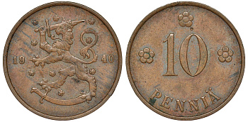 Финляндия 10 пенни 1940 республика (1918-1962) KM 24 медь 51-3235