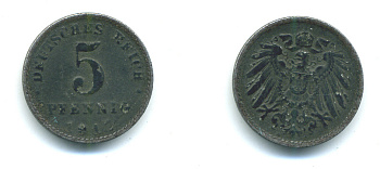 ГЕРМАНИЯ 5 ПФЕННИГОВ 1917 А KM 19, J. 297 железо 4383-413