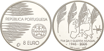 Португалия 8 евро 2005 60 лет окончания 2-ой мировой войне KM 773а серебро PROOF 1066-12-12