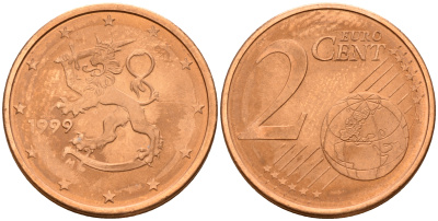 Финляндия 2 евроцента 1999  KM 99 сталь плакированная медью  UNC  4160-318