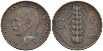 ИТАЛИЯ 5 ЧЕНТЕЗИМО 1926 КОЛОСЬЯ KM 59 медь 4556-247