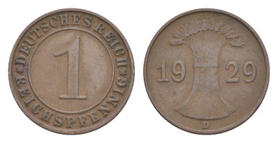 Германия 1 рейхспфенниг 1929 D KM 37, J. 313 бронза 4644-1042