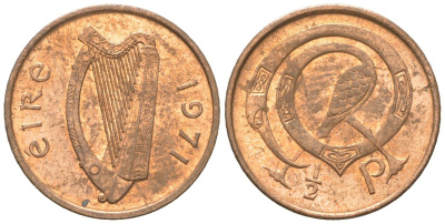 Ирландия 1/2 пенни 1971 птица KM 19 бронза UNC 4611-429