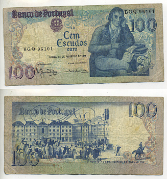 ПОРТУГАЛИЯ 100 ЭСКУДО 1981 24 ФЕВРАЛЯ 1981, МАНУЭЛЬ МАРИЯ БАРБОЗА ДУ БОГАЖЕ ПОРТУГАЛЬСКИЙ ПОЭТ, 19 ВЕК ПЛОЩАДЬ РОССИО В ЛИССАБОНЕ Pick 178b бумага 7552-47-3