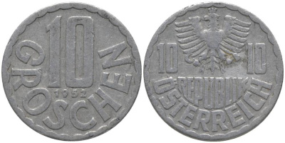 Австрия 10 грошей 1952 KM 2878 алюминий 181-217