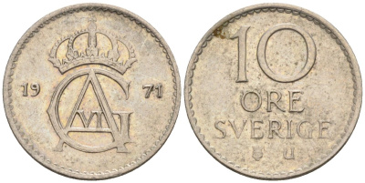 Швеция 10 эре 1971 Густав VI Адольф (1950-1973) KM 835 медно-никель 4585-412