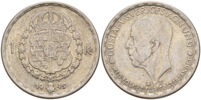 Швеция 1 крона 1945 TS, Густав V (1907-1950) KM 814 серебро 4148-1025