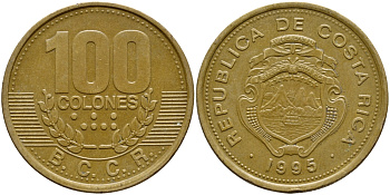 КОСТА-РИКА 100 КОЛОН 1995 B.C.C.R., ГОД ТИП KM 230 сталь плакированная латунью 63-823